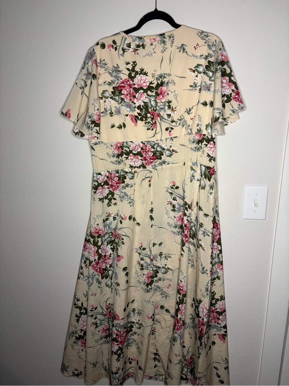 Cream Floral Wrap-Style Midi Dress with Pink Rose Print - Picture 2 of 2